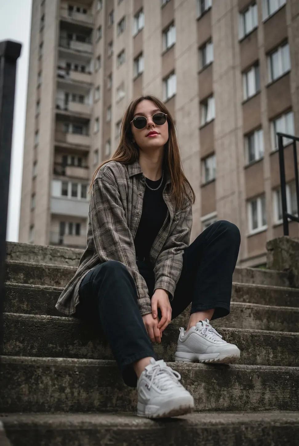 Девушка на бетонных ступенях