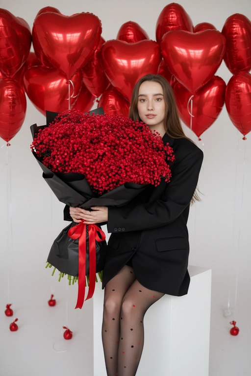 С букетом среди сердец