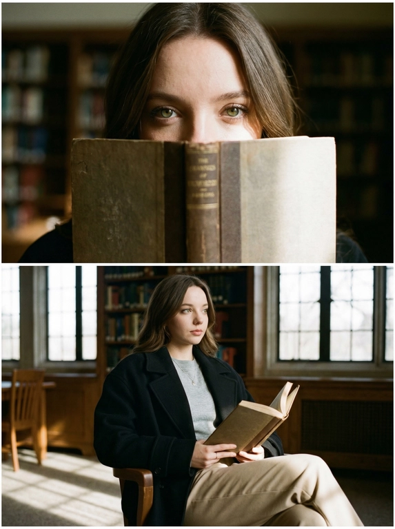 Коллаж в библиотеке с книгой