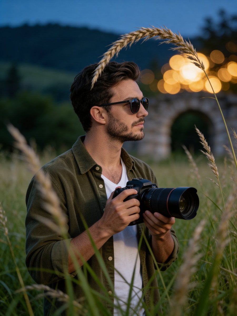 Фотограф на закате в поле