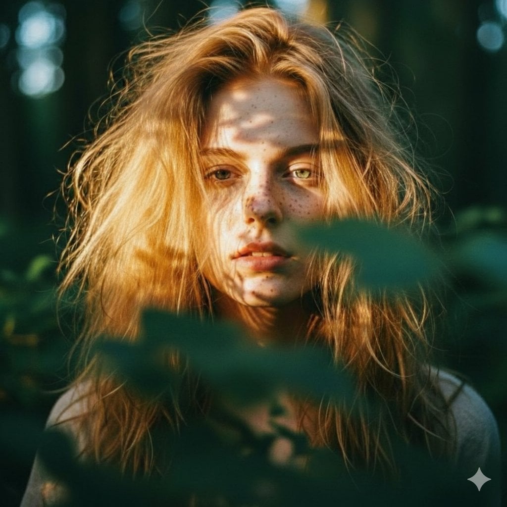 Рыжая в листве леса